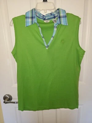 IZOD Woman Bright Green w/Plaid Collar Sleeveless Polo Shirt - SZ. XL - Image 1 of 4