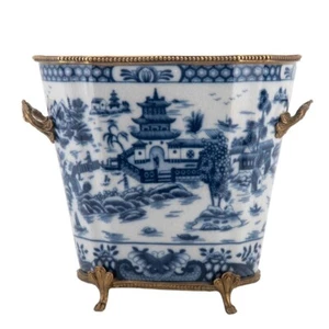 small BLUE WILLOW oval PORCELAIN PLANTER WITH BRONZE ORMOLU MOUNTS new - Picture 1 of 5