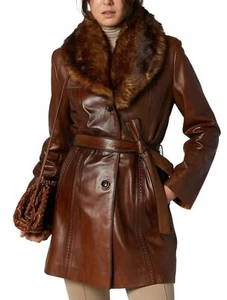 Women's Brown Genuine Real Leather Fur Collar Belted Long Trench Coat - Picture 1 of 4