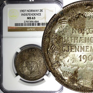 Norway Haakon VII Silver 1907 2 Kroner NGC MS63 Independence Toning KM# 365 (64) - Picture 1 of 5