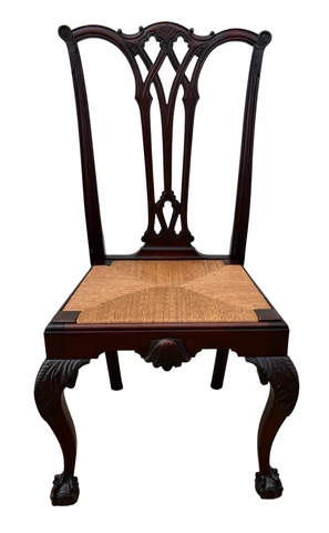 Antique Carved Mahogany Chippendale Style Desk Chair w/Rush Seat Cover