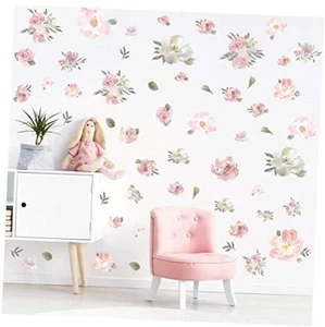 Watercolor Pink Flowers Vinyl Wall Decal, Blooming Peony Floral Wall Sticker - Picture 1 of 6