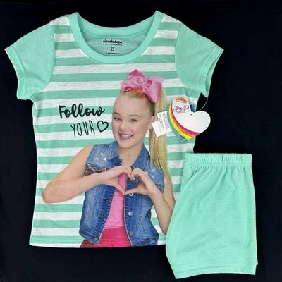 Conjunto JoJo Siwa Meninas 2 Pçs Verde Manga Curta Listras Cintura Elástica PJ Tamanho 8 - Imagem 1 de 4