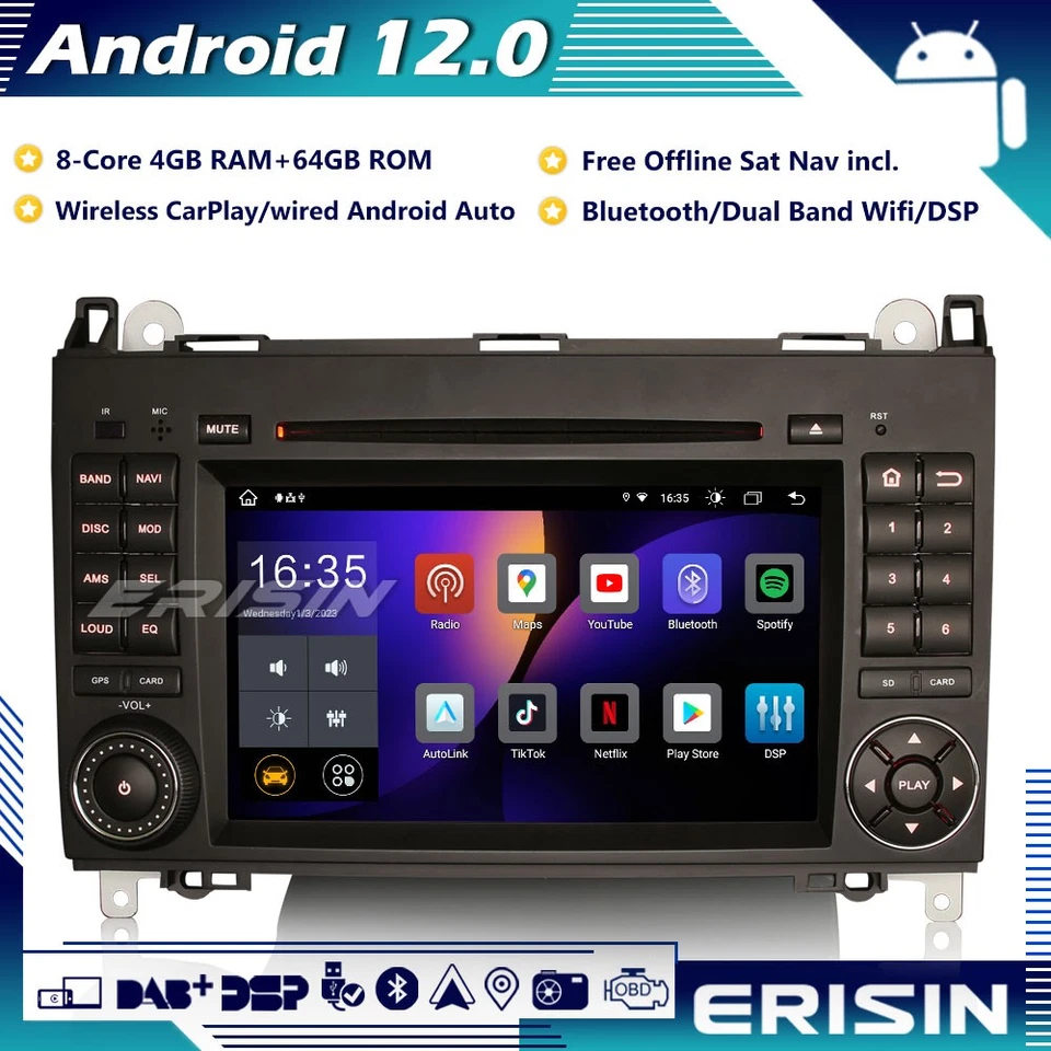 64GB DAB+ Android 13 Autoradio GPS DVD Mercedes A/B Class Sprinter Viano Crafter - Immagine 1 di 4