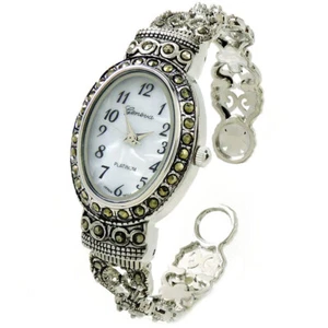 Silver Black Vintage Style Marcasite Crystal Oval Face Women's Bangle Cuff Watch - Picture 1 of 6