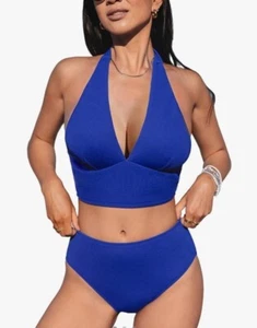 CUPSHE Women's High Waisted Halter Back Self Tie Two Piece Bikini Set, XL - Picture 1 of 4