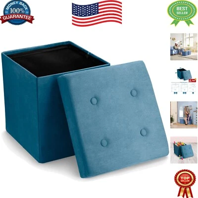 Маленькая 15-дюймовая складная оттоманка с бирюзовым бархатом — компактное решение для хранения - Изображение 1 из 4