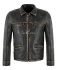 Men?S Zip Up Box Distress Leather Black Classic Casual Semi Fitted Jacket Coat
