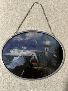 THOMAS KINKADE Stained Glass  Vintage storm clearing lighthouse 9.44x7.28" glass - Picture 1 of 6