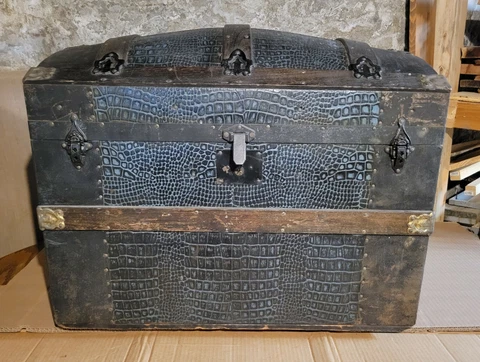 Antique (1880) Dome Top Wheeled Steamer Trunk w/ Blue Alligator Leather Exterior Cover