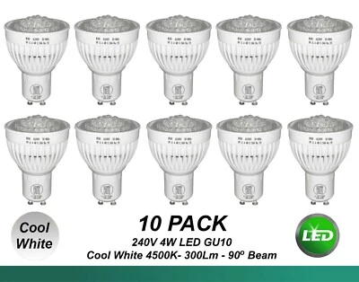 10 x 4W 240V GU10 Wide Beam LED Downlight Globes Bulbs Cool White 4500K - 90D - Image 1 of 4