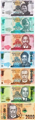 Malawi Set 20, 50, 100, 200, 500, 1000, 2000 Kwacha, Juego de 7 Billetes, Sin Circular Foto 1 de 2