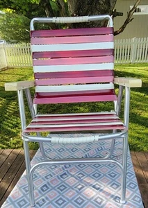 Vintage Aluminum Folding Lawn Chair Retro Pink Mauve White Vinyl Strap - Picture 1 of 9