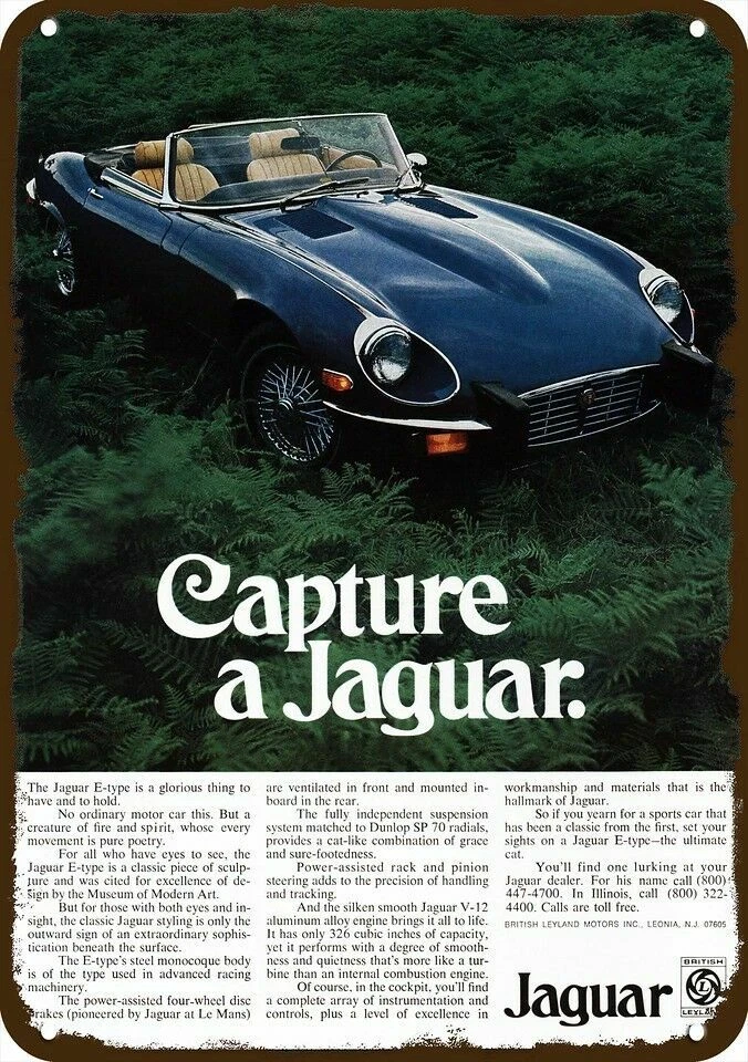 1974 Capture A JAGUAR E carro conversível aparência vintage réplica decorativa placa de metal - Imagem 1 de 1