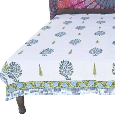Indian Cotton Queen Size Floral Hand Block Print Bed Sheet Bed Spread Bed Cover - Image 1 of 2