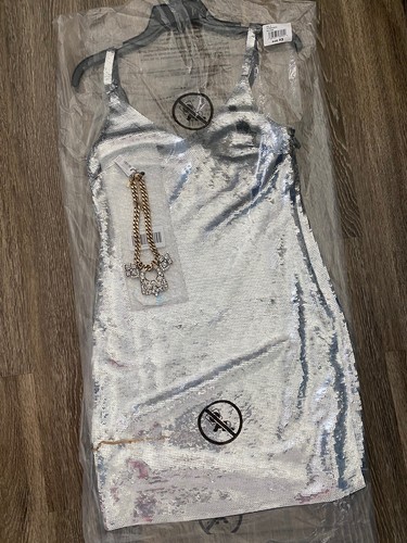 Michael Kors abito tubino in rete con paillettes Sliver XS collana bonus