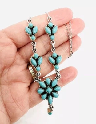 Sterling Silver Turquoise Y Drop Bib Necklace 17 1/2 Inch 18gm Vintage Jewelry - Image 1 of 4