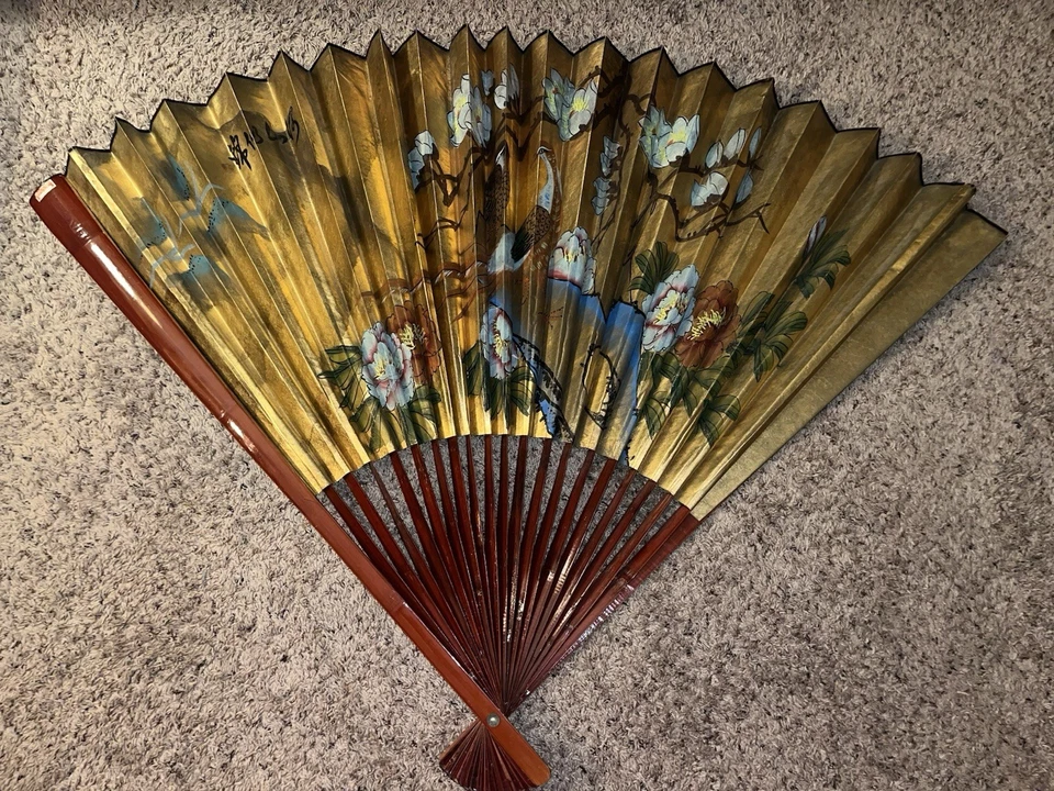 Hermosa pared de abanico floral y pájaro grande chino vintage Foto 1 de 4