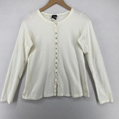 EILEEN FISHER Top S Organic Cotton Pointelle Button Up Long Sleeve White VTG - Image 1 of 4