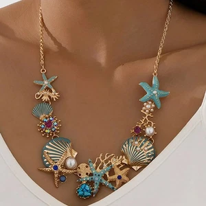 Starfish Seashell Necklace Pearls Beach Nautical Statement Bib Jewelry Chain US - Picture 1 of 6