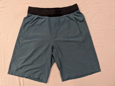 Pantalones Cortos Lululemon T.H.E Hombres M Verde Azulado Negro 10" Sin Forro Cordón Bolsillos Gimnasio Foto 1 de 4