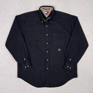 Vintage 90s Tommy Hilfiger Heavy Wool Blend Flannel Shirt Mens L Black Button Up - Picture 1 of 7