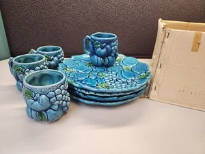 4 Set Boxed Inarco Mood Blue Indigo Snack Plates & Cups "Tea & Toast" Set - Picture 1 of 5