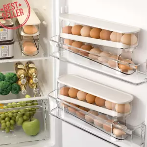 Egg Holder Fridge Auto Rolling Container Stackable Organizer w/ Lid Clear Tray - Picture 1 of 12