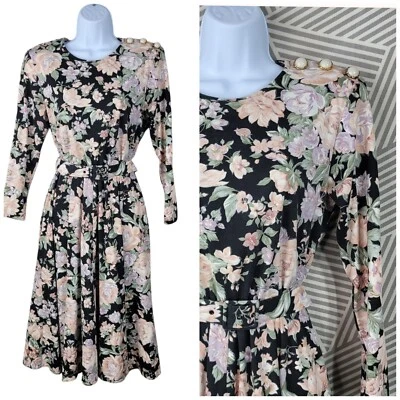 Vintage Floral Dress sz 6 Small Midi Button Shoulder Alt Cottagecore Flare skirt - Image 1 of 4