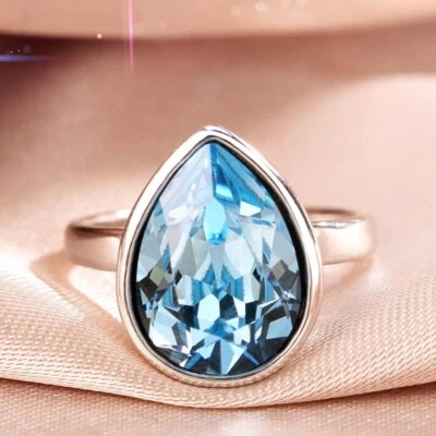 18K White Gold Filled Made With Swarovski Crystal Pear Drop Aquamarine Ring Foto 1 de 4