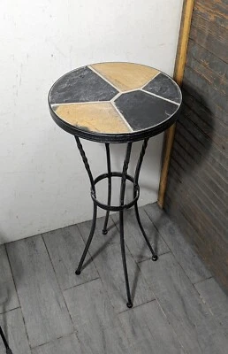 Vintage Mid Century Modern Round Slate Tile Iron Plant Stand Pedestal Table - Image 1 of 4
