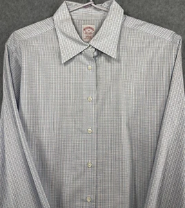 Brooks Brother Woman 14 Dress Shirt Blouse Classic Fit Blue White Plaid No Iron - Picture 1 of 12