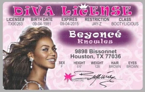 Beyonce Knowles Diva Bootylicious Houstan Texas TX License Card Novelty ID - Picture 1 of 1