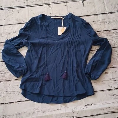 Blusa Marie Oliver Azul Seda Manga Larga Campesina Borla L Nueva Con Etiquetas Foto 1 de 4