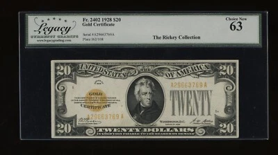 DBR 1928 $20 Gold Certificate Fr. 2402 Legacy 63 Serial A29663769A - Image 1 of 2
