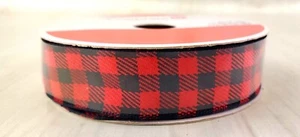 Red & Black Buffalo Check Wired Ribbon - 7/8 in x 24 ft Roll 100% Polyester- New - Picture 1 of 3