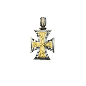 Maltese Men’s Cross Pendant 18k Yellow Gold and Sterling Silver 925 - Picture 1 of 2