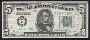 1928 $5 NUMERICAL "REDEEMABLE IN GOLD" CHICAGO FRN Fr 1950-G 97028 - Picture 1 of 2