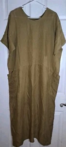 FLAX by Jeanne Engelhart Lagenlook Linen Dress Olive Green Two Pocket Maxi - Picture 1 of 8