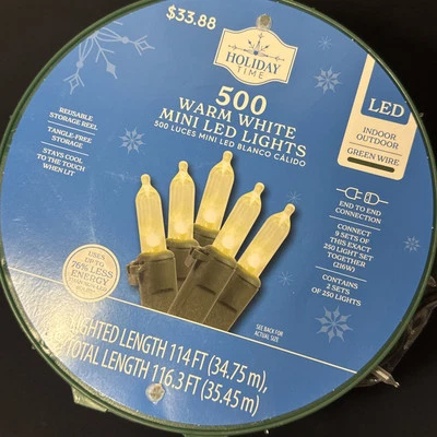 Holiday Time 500 Warm White Mini LED Christmas Lights Green Wire 116.3 FT NEW - Image 1 of 2