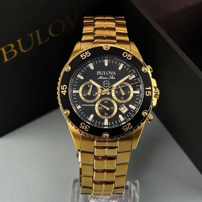 Bulova Marine Star 98B406 Men's Quartz Watch Gold-Tone Black Dial 41.5 mm - Image 1 of 4