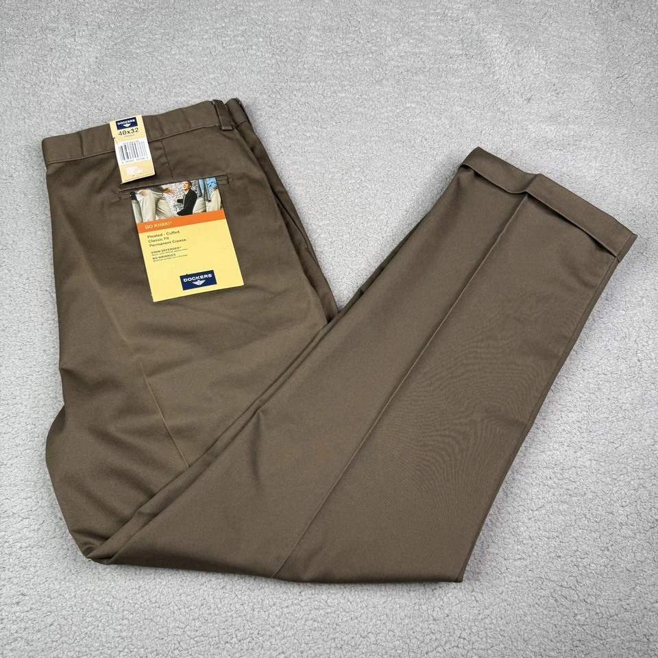 Dockers Go Khaki Pants Mens 40x32 Classic Fit Pleated Cuffed Stain Defender NWT - Image 1 of 4