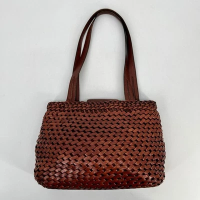 Vintage Fossil Woven Leather Shoulder Bag Cognac Brown Basket Weave Medium Purse - Image 1 of 4