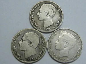 SPAIN 1876 1882 1892 ALFONSO XII Y ALFONSO XIII 1 PESETA LOTE 3 MONEDAS SILVER - Imagen 1 de 2