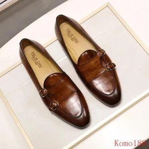 Mocasines de cuero genuino pintados a mano con correa de monje zapatos de boda de vestir - Imagen 1 de 7