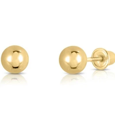 14K Real Solid Gold Round Ball Bead Sleeper Studs Earrings Screw-back 3-8mm - Image 1 of 4