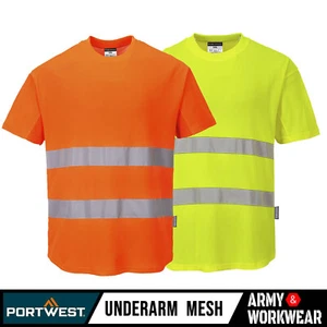 Portwest Hi-Vis Cotton Mesh Insert T-Shirt 40+ UPF Rated Moisture Wicking Fabric - Picture 1 of 5