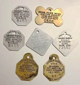 7 Vintage Rabies Vaccine Dog Tags: 6 From Detroit MI Area; "1" from California - Picture 1 of 3