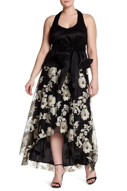 Marina Dress 163772 Women's Mock Two-Piece Halter Black gold Gown Plus Size 18W - Image 1 of 2