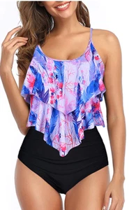 Women's Flounce Tankini Top & High Waisted Ruched Bikini Bottoms Slimming Sz XL - Picture 1 of 4